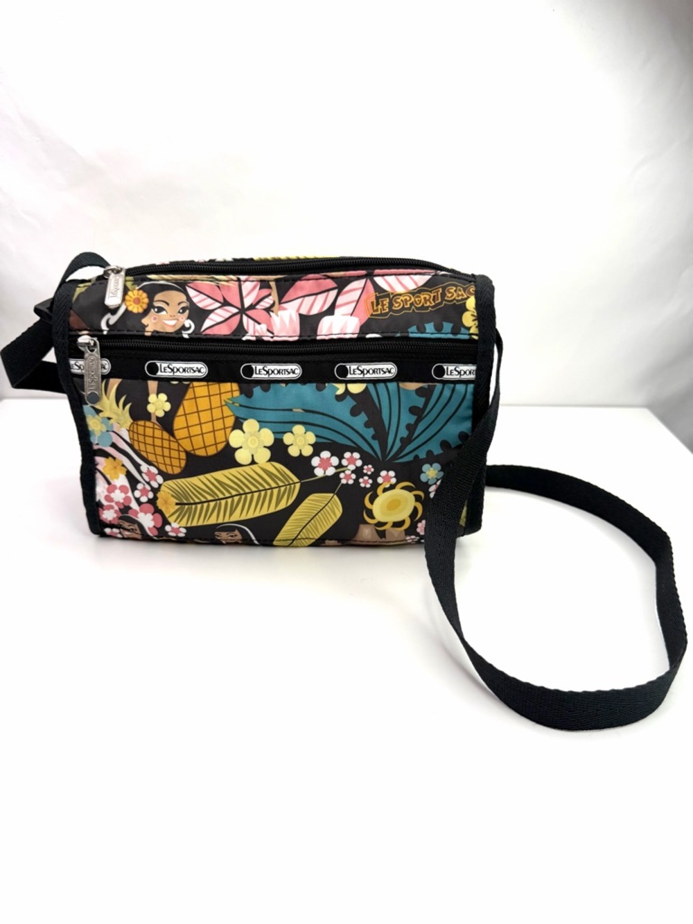 LeSportsac Black Wahine Hawaiian Exclusive Floral Pineapple Crossbody Bag
